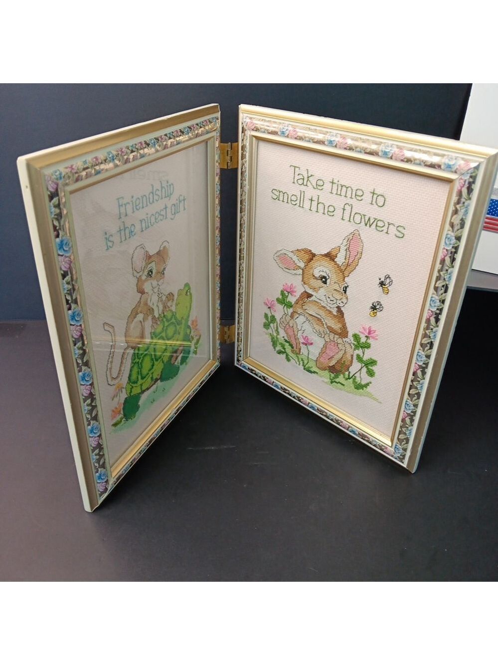 Needlepoint Finished In Frame Desk Decor Gorgeous! Turtle Rabbit Mouse Canada - Picture 11 of 16